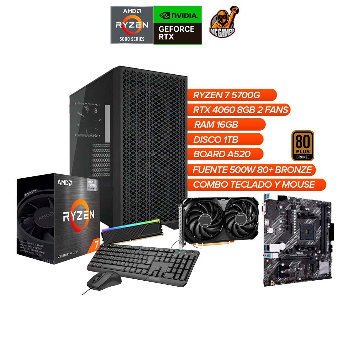 TORRE GAMER RYZEN 5 5700G / TARJETA RTX 4060 8GB / RAM 16GB / 1TB SSD / CHASIS CORSAIR 3000D / BOARD A520 / FUENTE 500W 80 PLUS /