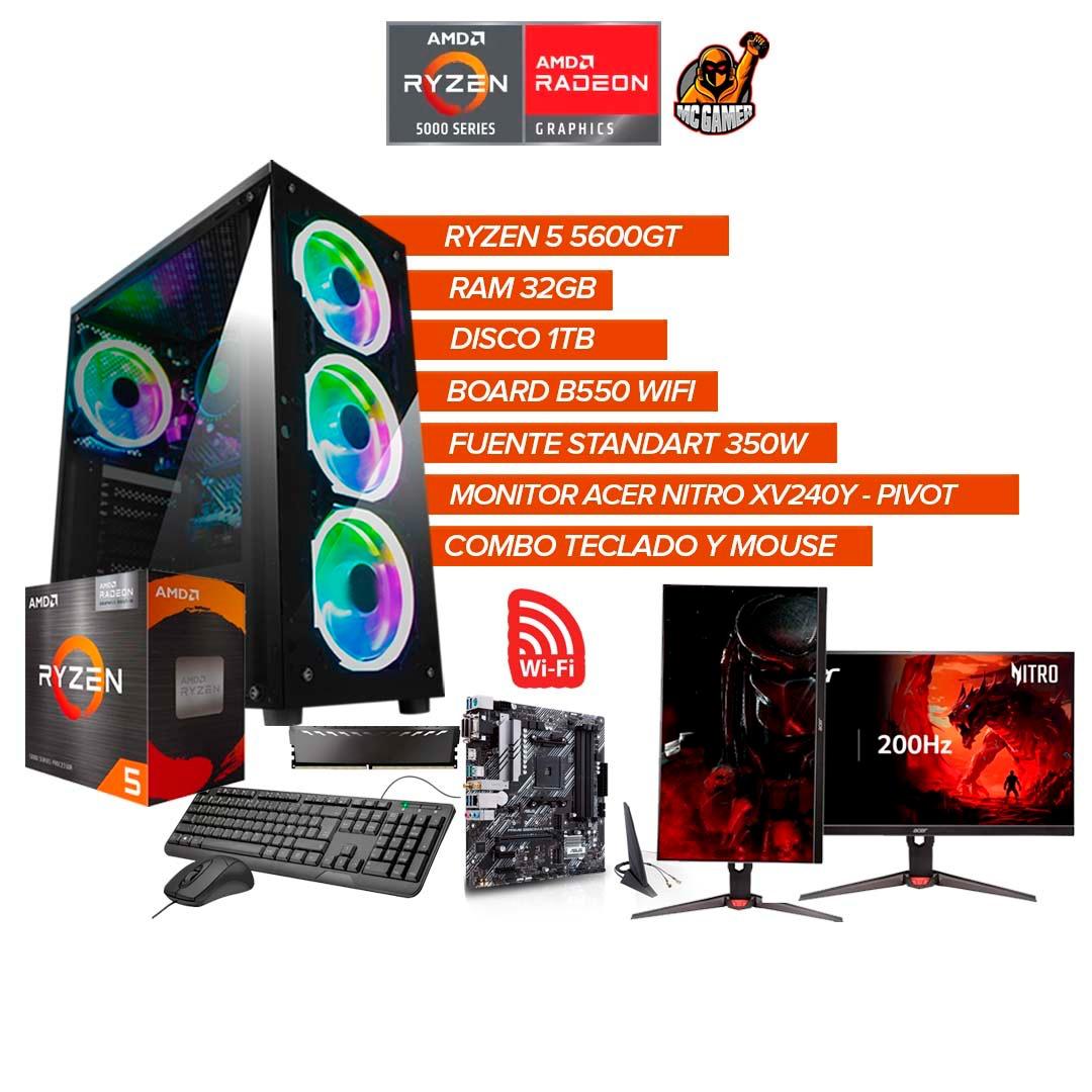 TORRE GAMER RYZEN 5 5600GT / RAM 32GB / SSD 1TB / BOARD B550 WIFI + MONITOR 24" 200HZ PIVOT
