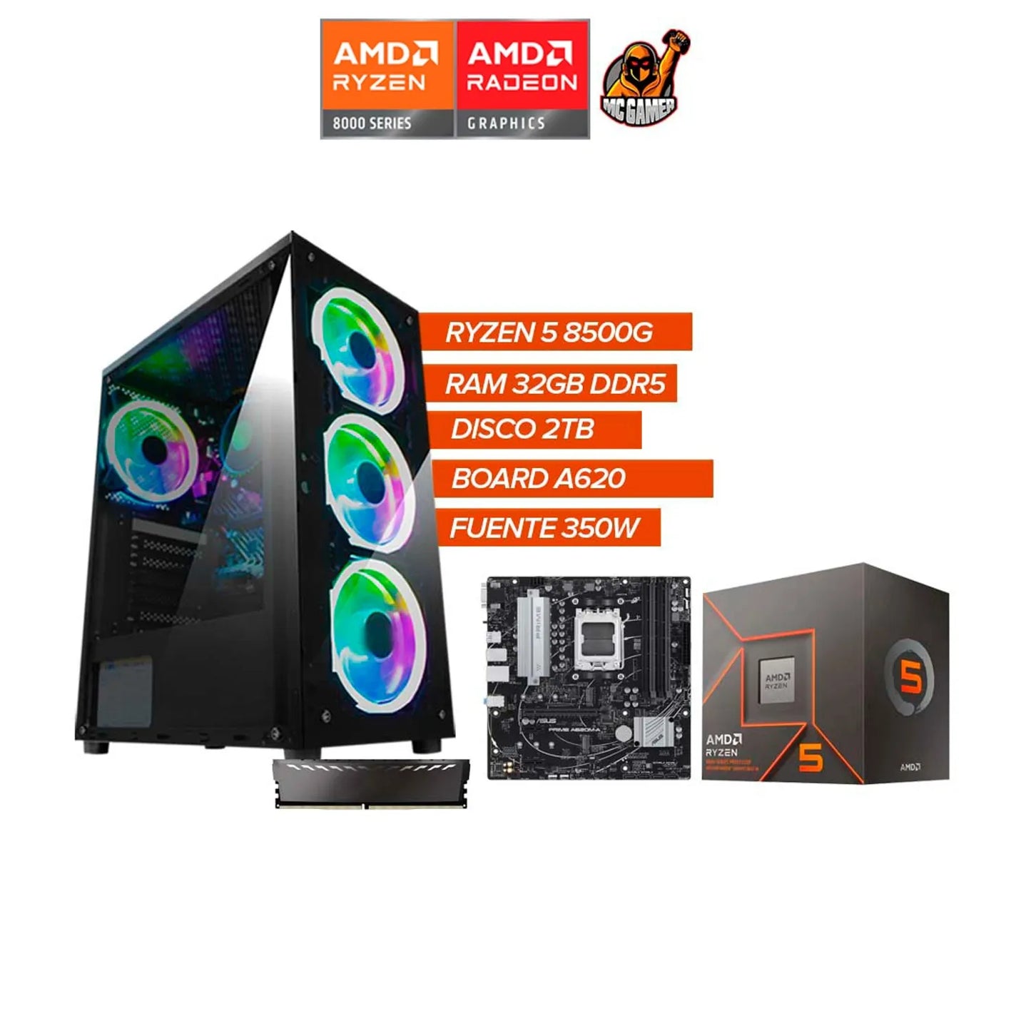 PC Gamer Ryzen 5 8500G+RAM 32GB DDR5+SSD 2TB+Board A620+Fuente 350W+RGB