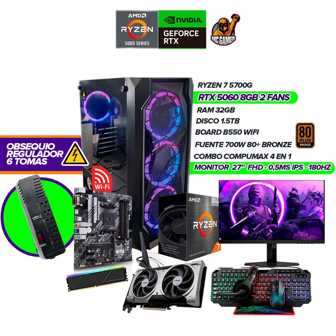 TORRE GAMER RYZEN 5 5700G / 5060 8GB RTX / 32GB / 1.5TB / BOARD B550 WIFI / FUENTE 700W 80+ / COMBO 4 EN 1 / MONITOR 27 180HZ
