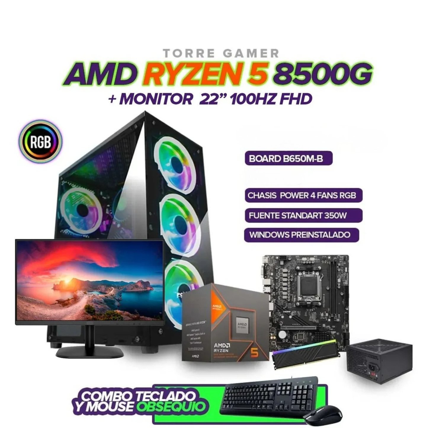 PC Gamer Ryzen 5 8500G / B650M / FUENTE 350W / + Monitor 22" FHD
