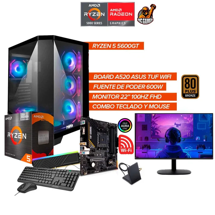 PC GAMER RYZEN 5 5600GT | A520 TUF WIFI | 600W 80+ | Monitor 22" 100Hz