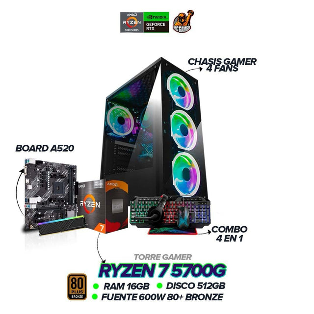 Torre Gamer Ryzen 7 5700G | 16GB RAM | SSD 512GB | Fuente 600W 80+ Bronze | Combo 4 en 1 Incluido