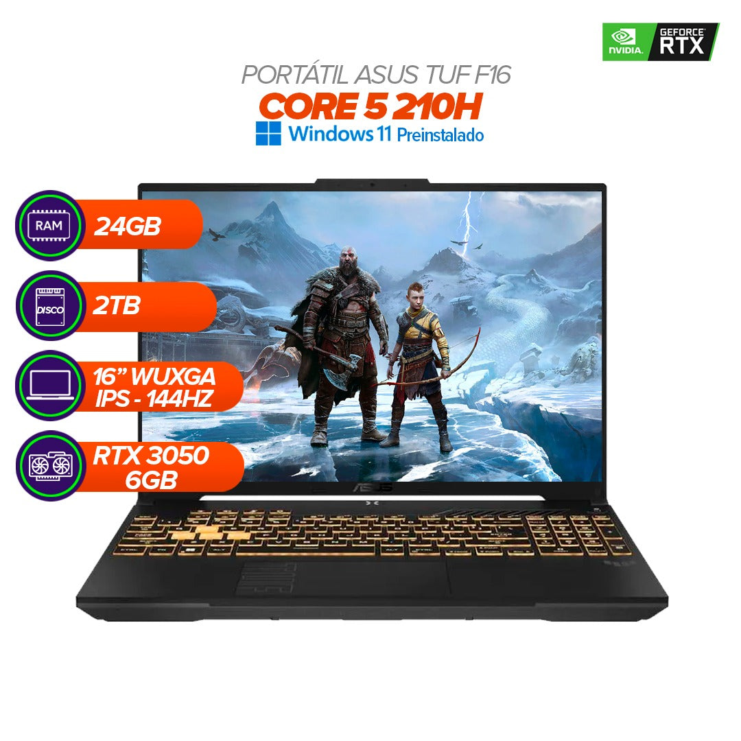 PORTÁTIL GAMER ASUS TUF F16 / Intel Core 5 210H / RTX 3050 / 24GB RAM / 2TB SSD / 16" WUXGA 144Hz