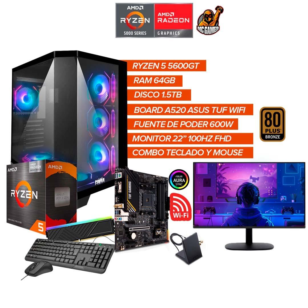 TORRE GAMER RYZEN 5 5600GT / RAM 64GB / SSD 1.5TB / BOARD A620 TUF WIFI + MONITOR 22 PULGADAS" FHD / FUENTE 600W 80 + BRONCE