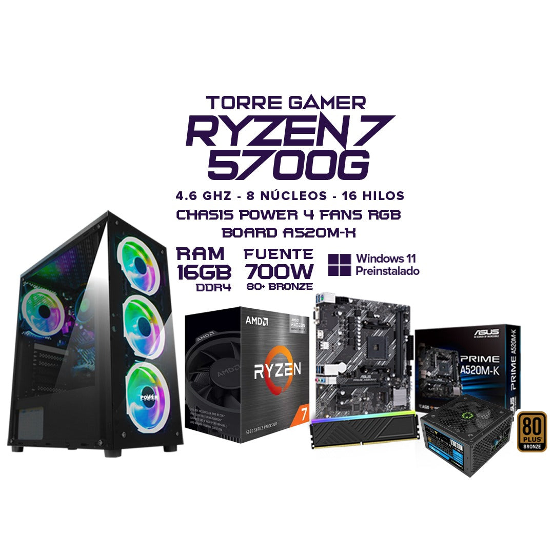 PC Gamer Ryzen 7 5700G | 16GB RAM | SSD 512GB o 1TB | Chasis RGB 4 Fans | Fuente 700W | Windows 11 | Combo Teclado+ mouse | Opcional Monitor 22" / 24" / 27"