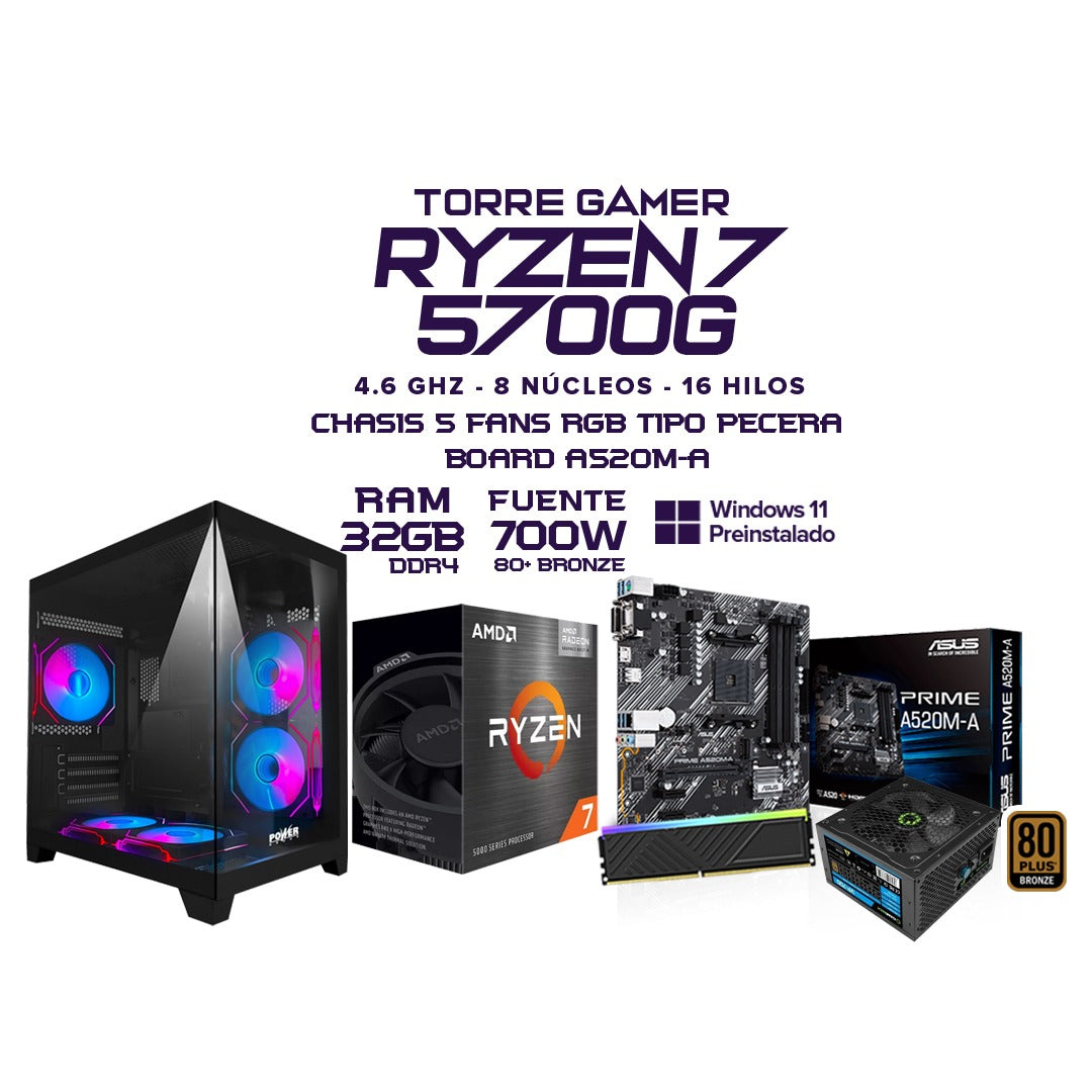 PC Gamer Ryzen 5 5600GT | 16GB RAM | SSD 512GB o 1TB | Chasis RGB 4 Ventiladores | Fuente 700W | Windows 11 | Combo Teclado + Mouse | Monitor Opcional 22" / 24" / 27"