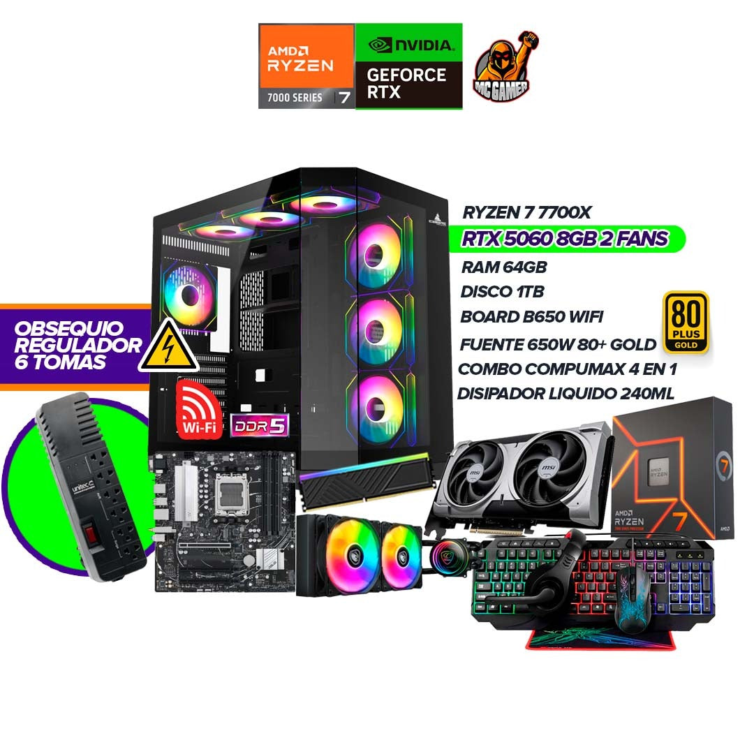 SUPER TORRE GAMER RYZEN 7 7700X / RTX 5060 8GB / B650 WIFI / RAM 64GB / 1TB SSD / CHASIS PECERA 7 FANS / FUENTE GOLD
