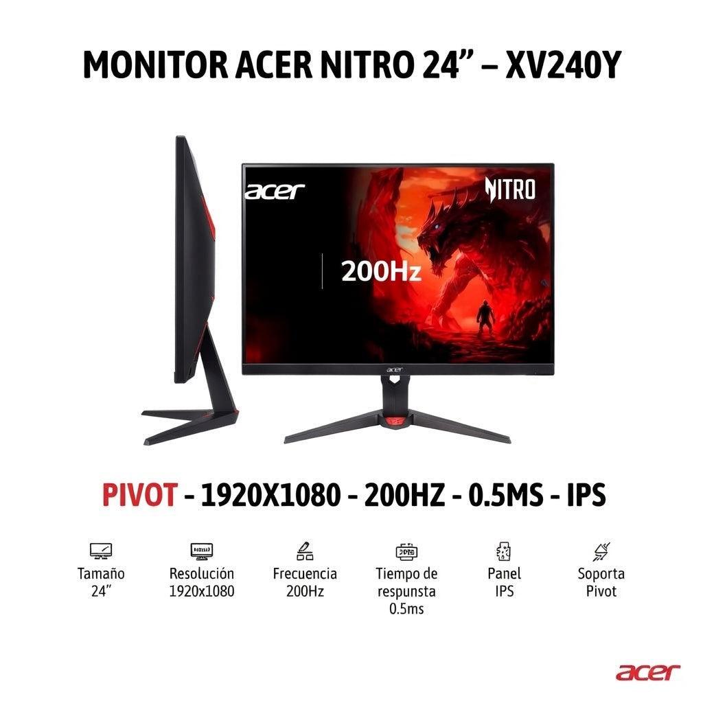 MONITOR ACER NITRO 24"- XV240Y – PIVOT -1920X1080 – 200HZ – 0.5MS -IPS - PIVOT