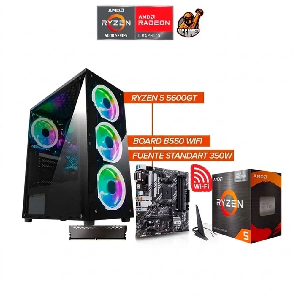PC GAMER RYZEN 5 5600GT | B550 WiFi | Fuente 350W | Gabinete Gamer RBG 4 FANS