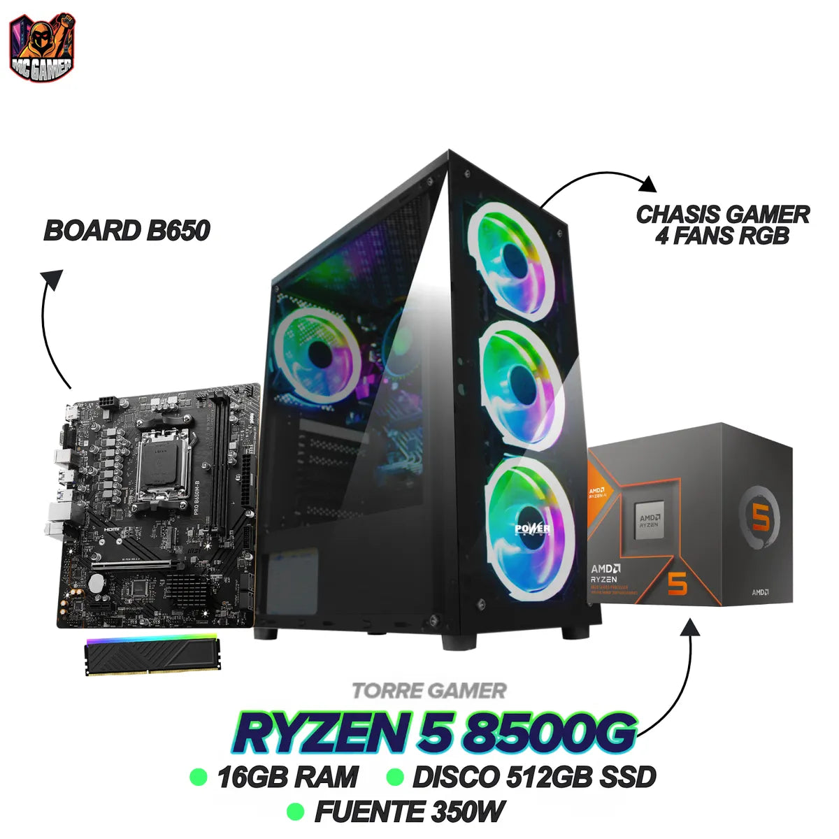 PC GAMER RYZEN 5 8500G - B650M - 4 FANS RGB - FUENTE 350W