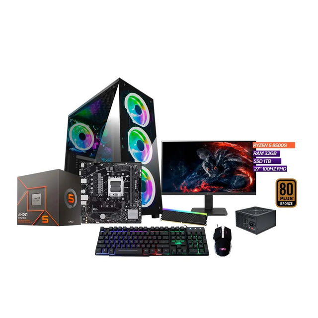 TORRE GAMER RYZEN 5 8500G / 32GB RAM / SSD 1TB / BOARD A620 / CHASIS 4 FANS RGB / MONITOR 27” 100HZ