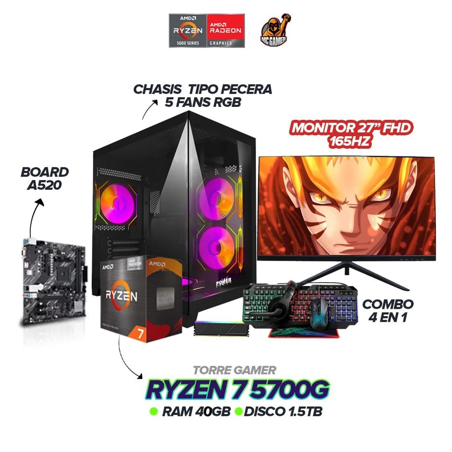 PC Gamer Ryzen 7 5700G / 40GB RAM / SSD 1.5TB / Monitor 27 165Hz /5 FANS PECERA