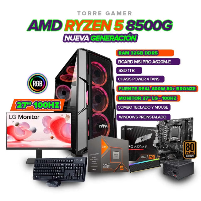 TORRE GAMER RYZEN 5 8500G / 32GB RAM / SSD 1TB / BOARD A620 / CHASIS 4 FANS RGB / MONITOR 27” 100HZ