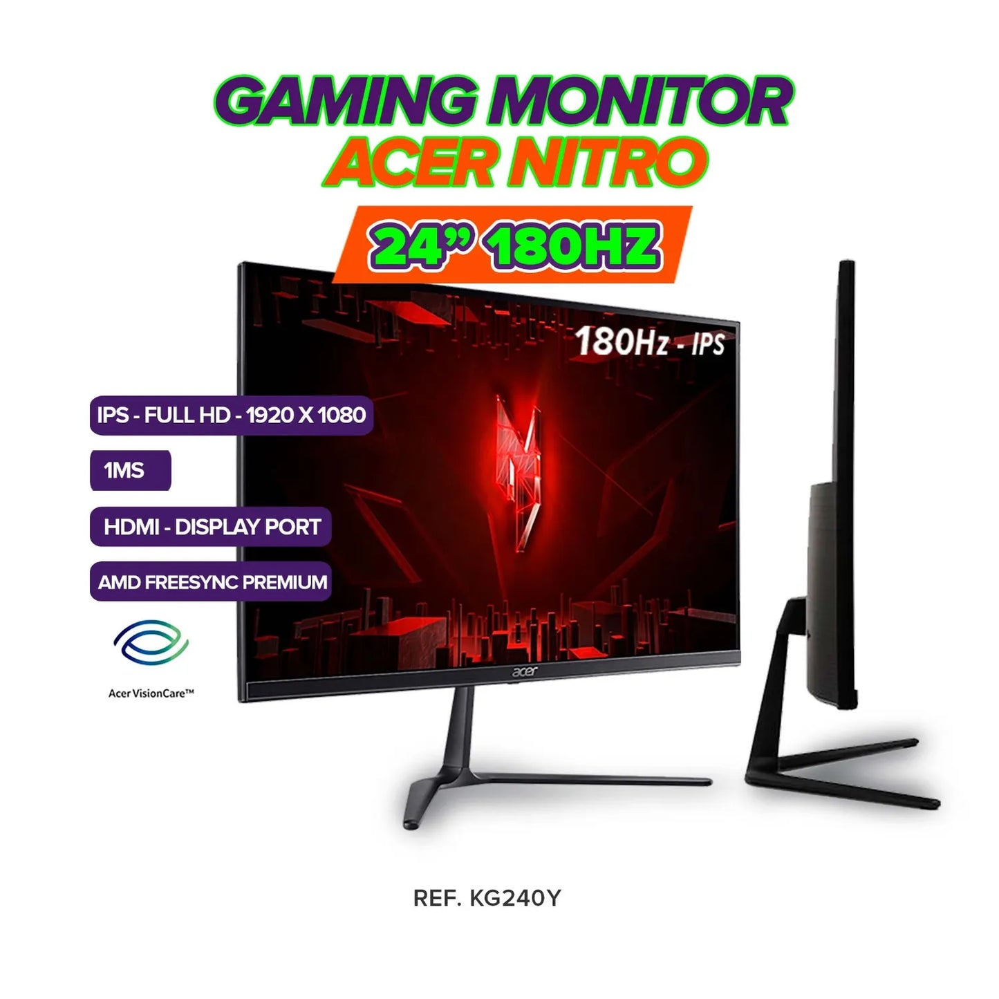 MONITOR GAMER ACER NITRO 24 Pulg KG240Y IPS -FHD Tasa 180HZ - 1MS