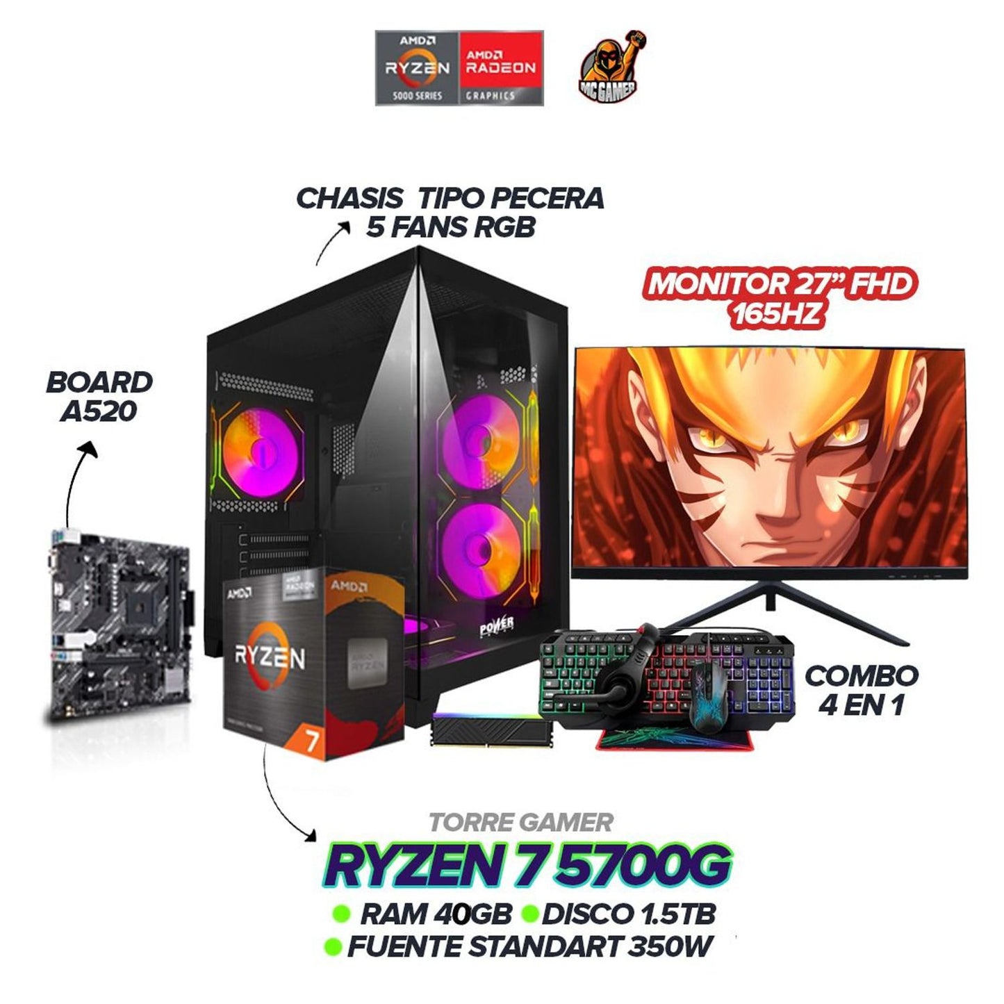 PC Gamer Ryzen 7 5700G / 40GB RAM / SSD 1.5TB / Monitor 27 165Hz / 5 FANS PECERA