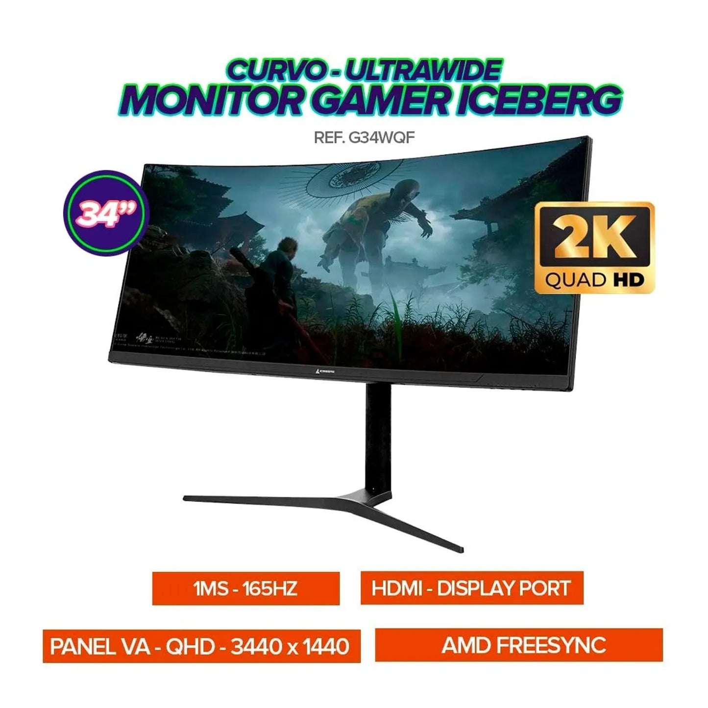 Monitor Gamer Iceberg G34WQF 34” Curvo UltraWide QHD VA 165Hz