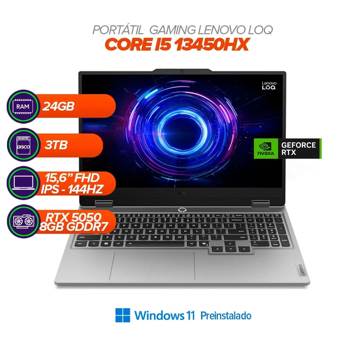 Portátil Gamer Lenovo LOQ 15.6" FHD 144Hz i5 13450HX / RTX 5050 8GB / RAM 24GB / SSD 3TB / Win 11