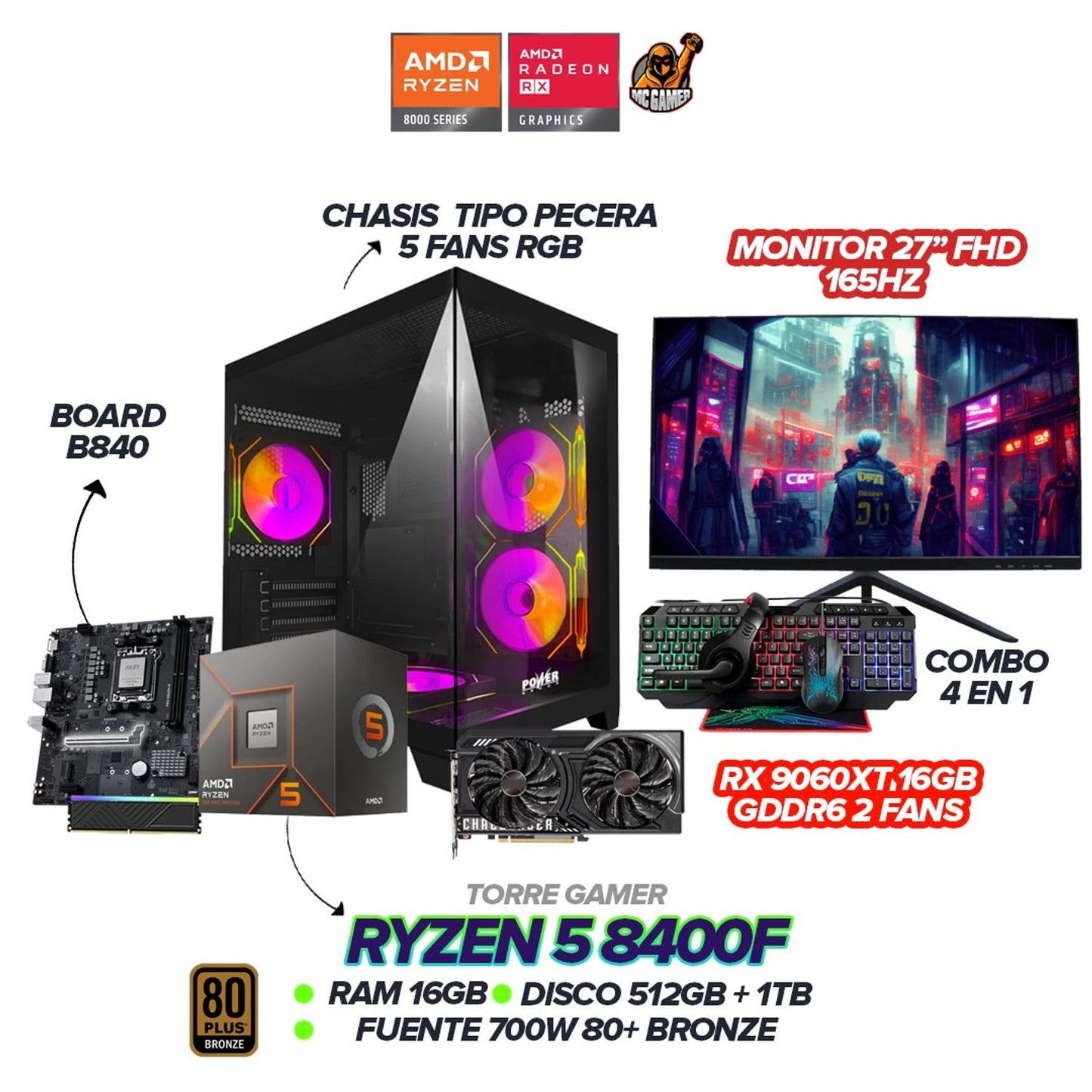 PC GAMER RYZEN 5 8400F / RX 9060XT 16GB / 16GB RAM / SSD 1.5TB /Monitor 27"165hz