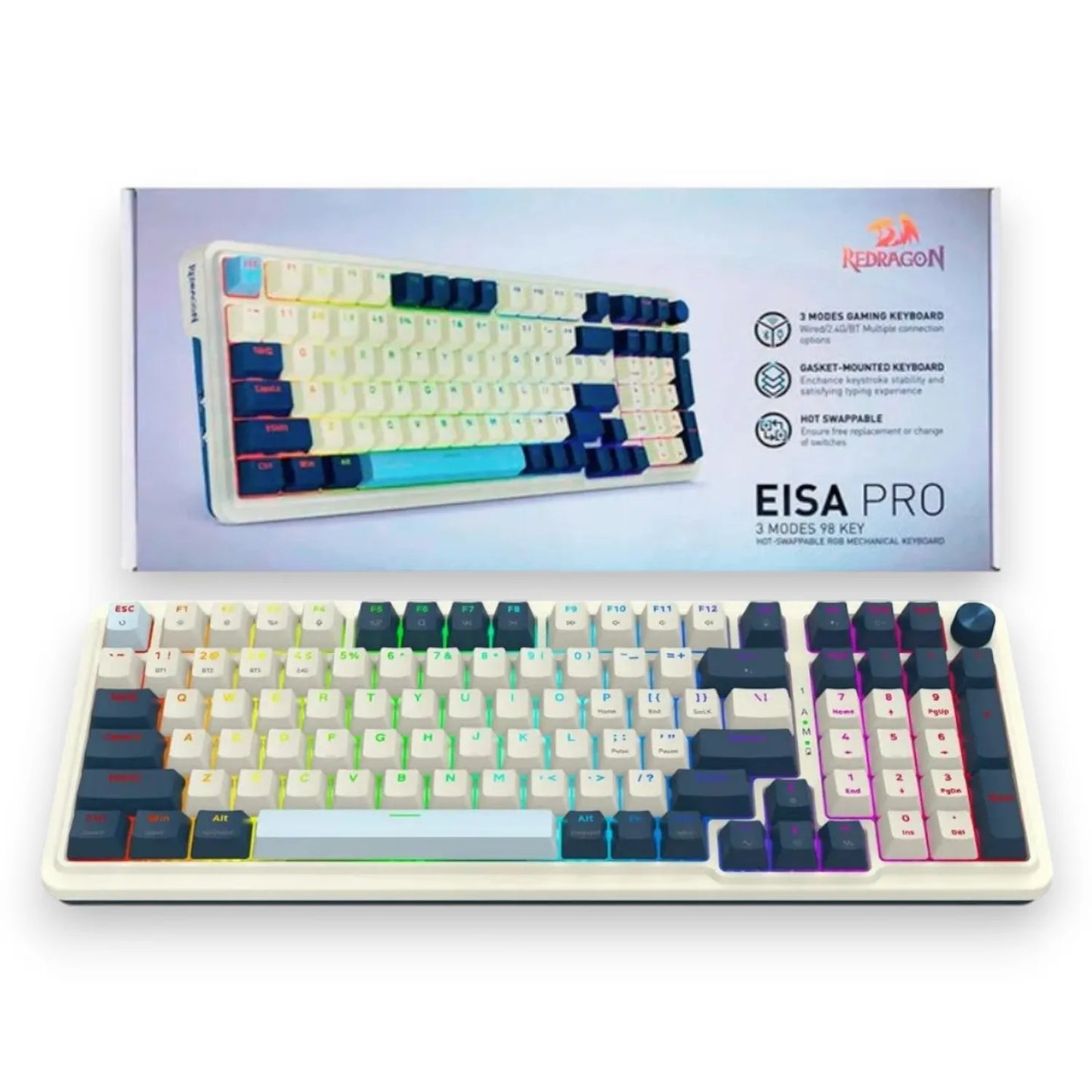 TECLADO MECANICO REDRAGON EISA PRO K686WB RGB PRO SP / SWITCH RED 96% / INALAMBRICO / BLANCO AZUL
