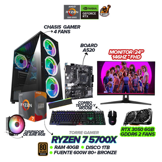 PC GAMER RYZEN 7 5700X / 3050 6GB / 40GB RAM / 1TB SSD / 600W / 4 FANS / MONITOR ASUS TUF 24"146hz