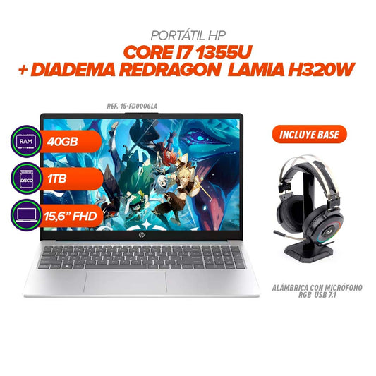 PORTATIL HP INTEL I7 1355U - 40GB RAM - 1TB + DIADEMA REDRAGON LAMIA