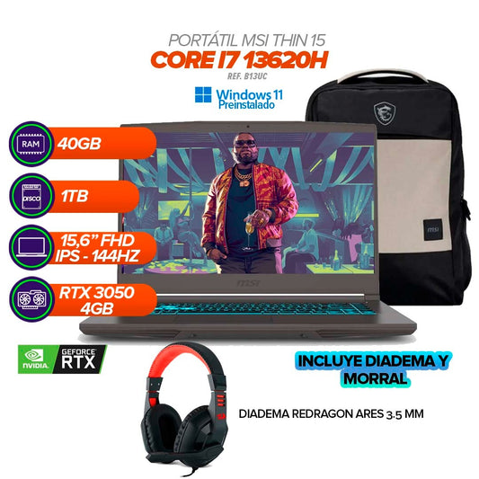 PORTÁTIL MSI THIN 15 B13UC | Intel Core i7-13620H | 40GB RAM | 1TB SSD | NVIDIA GeForce RTX 3050 4GB | Pantalla 15.6” FHD IPS 144Hz | Incluye diadema Redragon Ares y morral