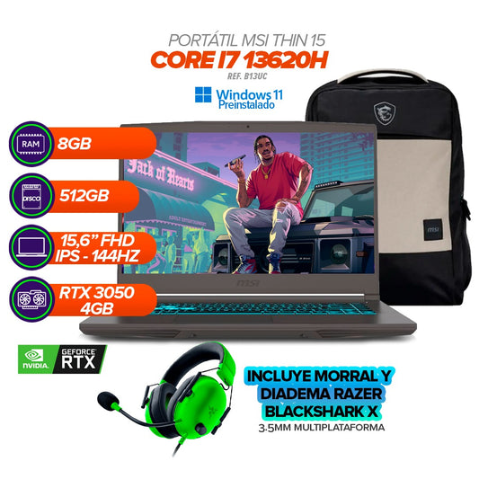 MSI Thin 15 B13UC / Core i7-13620H / 8GB RAM / SSD 512GB / RTX 3050 / 15.6” FHD 144Hz + Morral + DIADEMA BLACKSHARK X GREEN