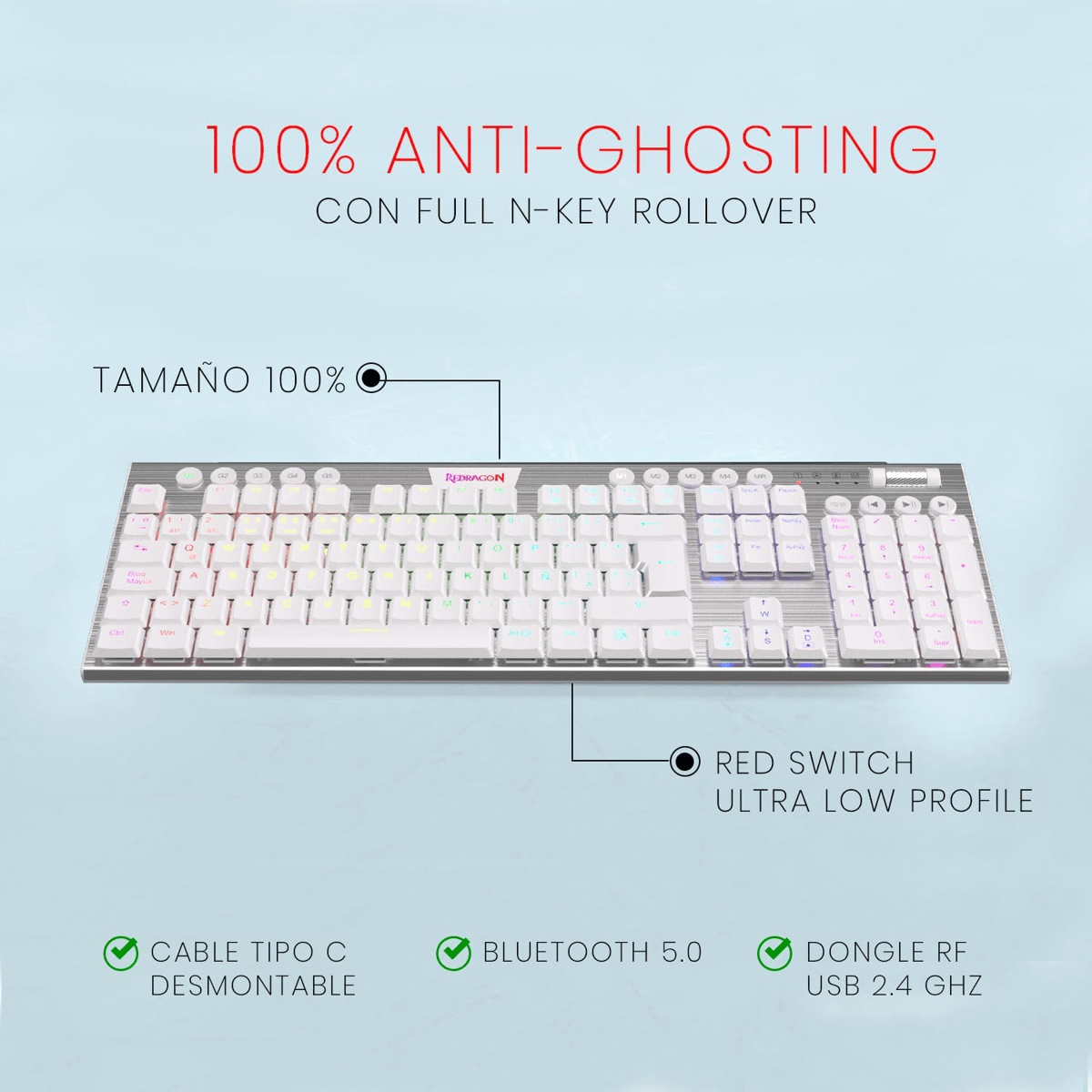 TECLADO MECANICO INALAMBRICO REDRAGON HORUS K618W-RGB -BLANCO - SWITCH RED