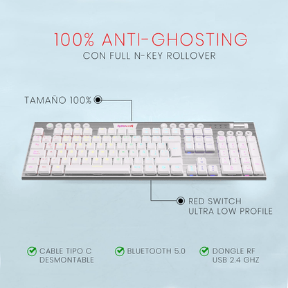 TECLADO MECANICO INALAMBRICO REDRAGON HORUS K618W-RGB -BLANCO - SWITCH RED