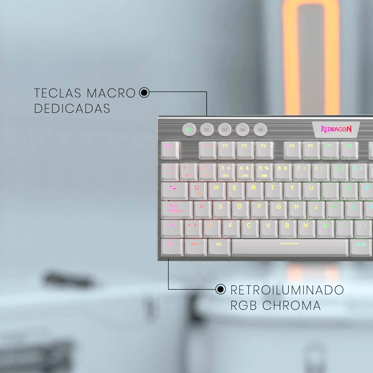 TECLADO MECANICO INALAMBRICO REDRAGON HORUS K618W-RGB -BLANCO - SWITCH RED