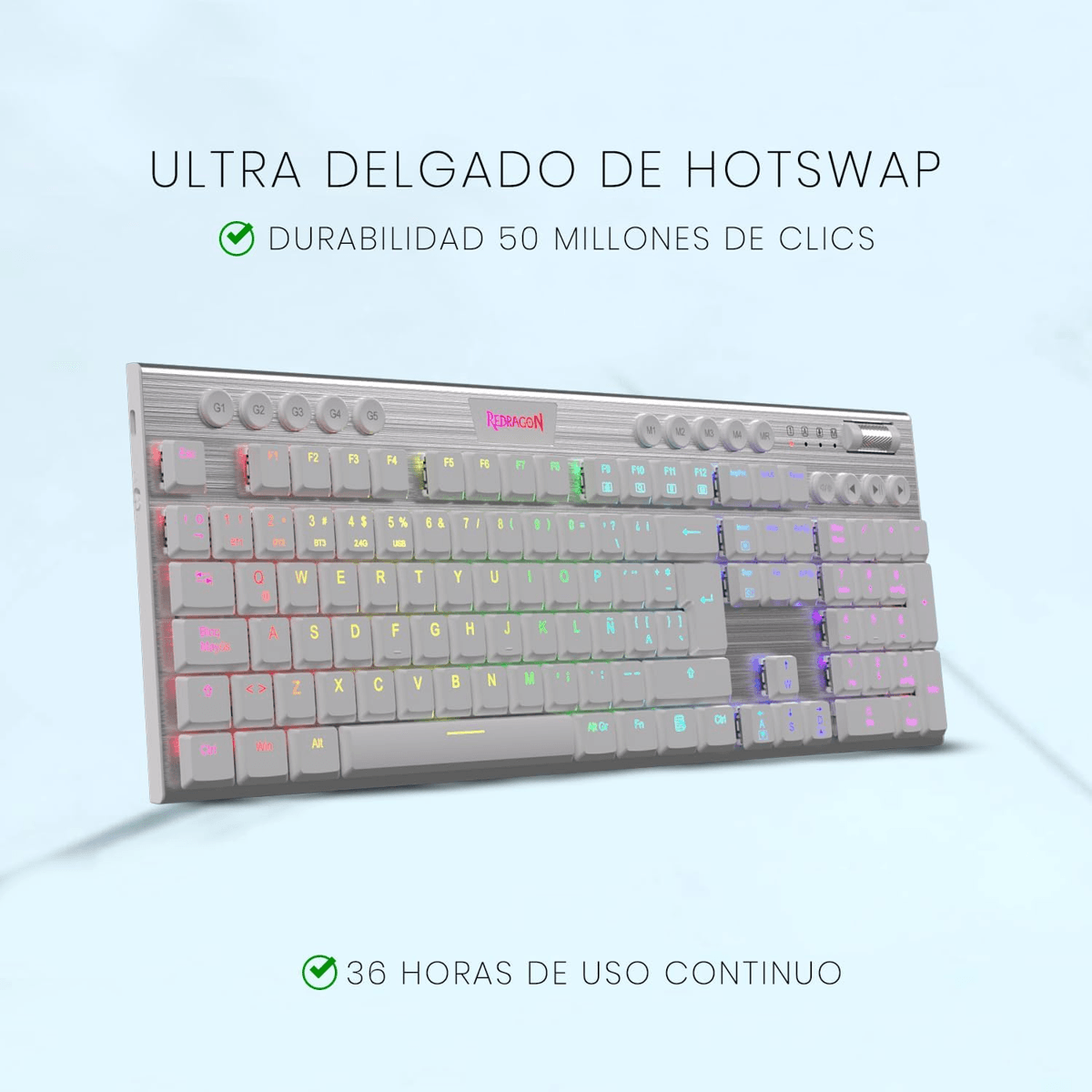 TECLADO MECANICO INALAMBRICO REDRAGON HORUS K618W-RGB -BLANCO - SWITCH RED