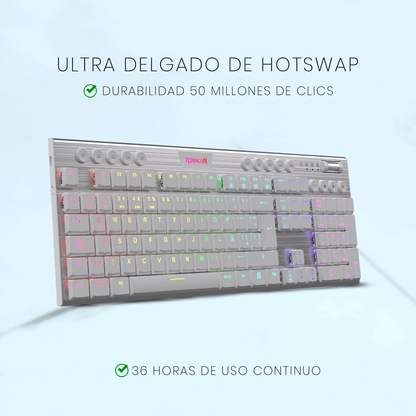 TECLADO MECANICO INALAMBRICO REDRAGON HORUS K618W-RGB -BLANCO - SWITCH RED