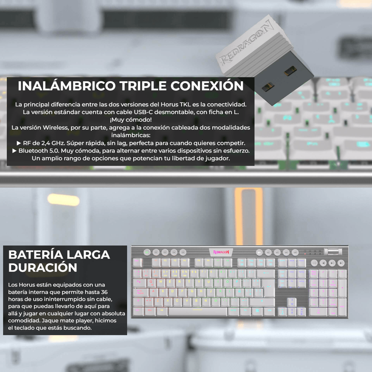 TECLADO MECANICO INALAMBRICO REDRAGON HORUS K618W-RGB -BLANCO - SWITCH RED