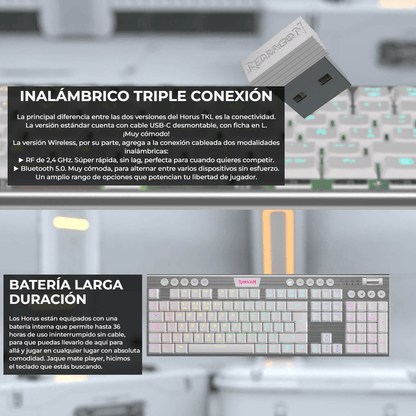 TECLADO MECANICO INALAMBRICO REDRAGON HORUS K618W-RGB -BLANCO - SWITCH RED