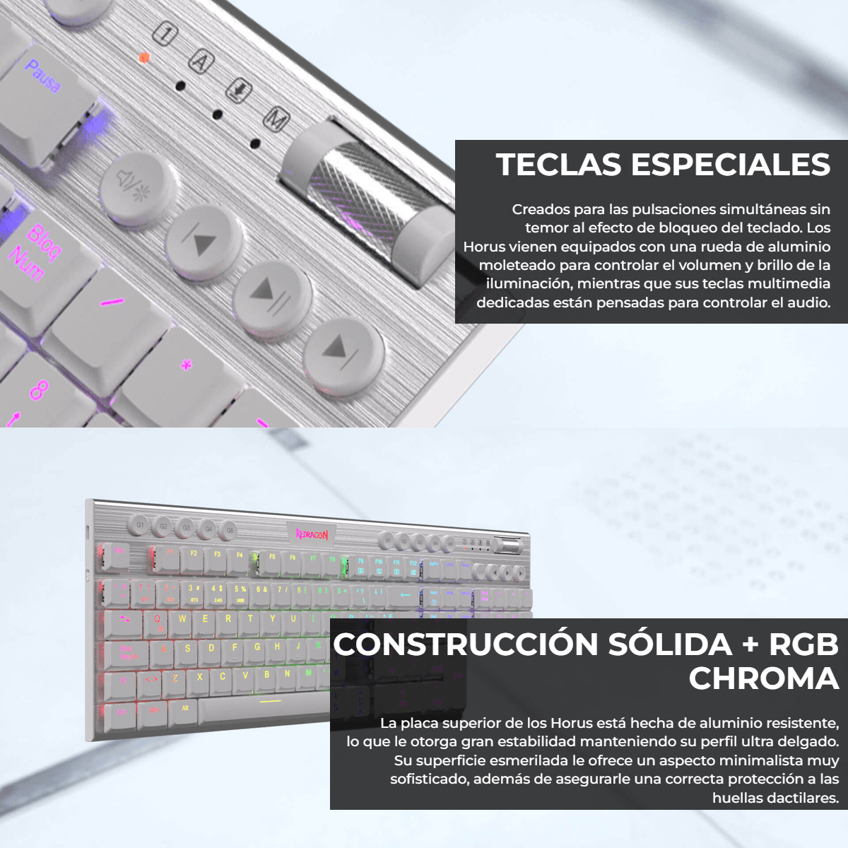 TECLADO MECANICO INALAMBRICO REDRAGON HORUS K618W-RGB -BLANCO - SWITCH RED