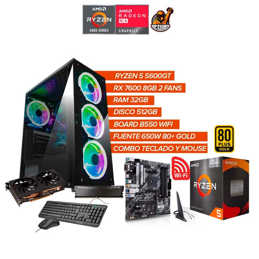Torre Gamer Ryzen 5 5600GT+RX 7600 8GB+RAM 32GB+SSD 512GB+WiFi+Fuente 650W GOLD