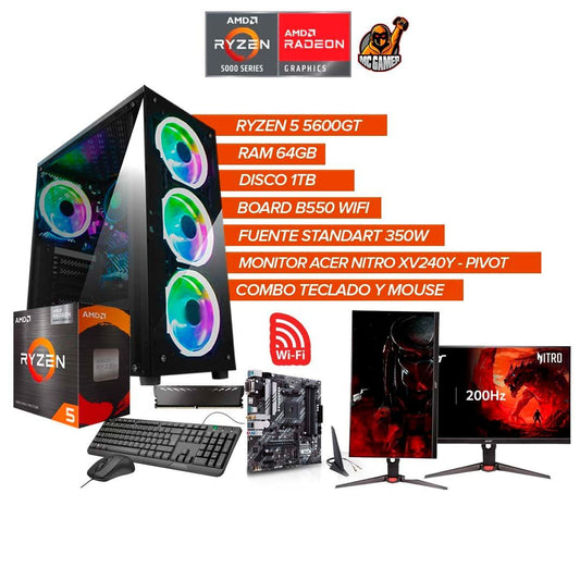 TORRE GAMER RYZEN 5 5600GT / RAM 64GB / SSD 1TB / BOARD B550 WIFI + MONITOR 24" 200HZ PIVOT