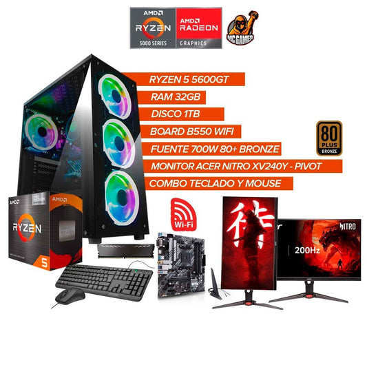 TORRE GAMER RYZEN 5 5600GT / RAM 32GB / SSD 1TB / BOARD B550 WIFI + MONITOR 24" 200HZ PIVOT / FUENTE 70080 PLUZ BRONZE