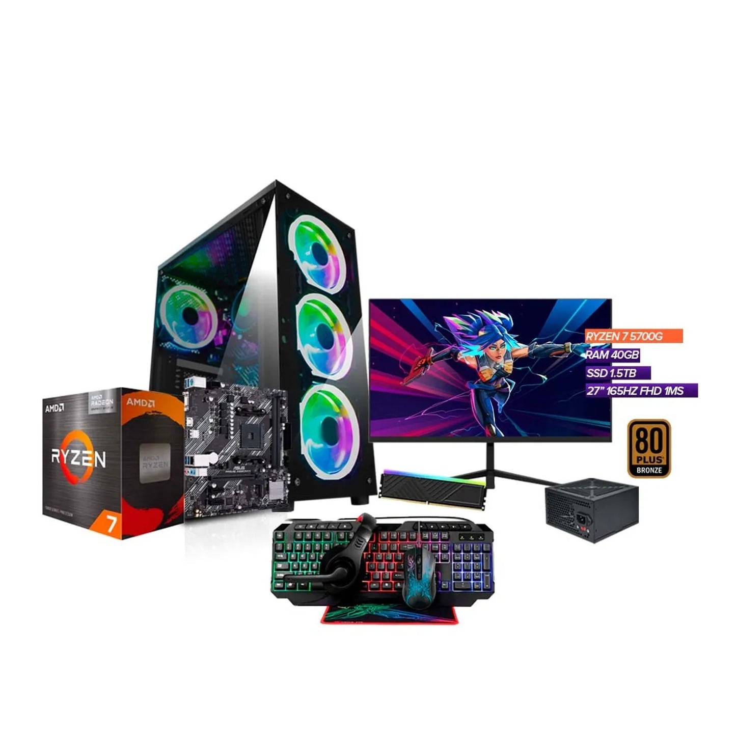 PC Gamer Ryzen 7 5700G / 40GB RAM / SSD 1.5TB / Monitor 27” 165Hz + Combo 4 en 1  (0)