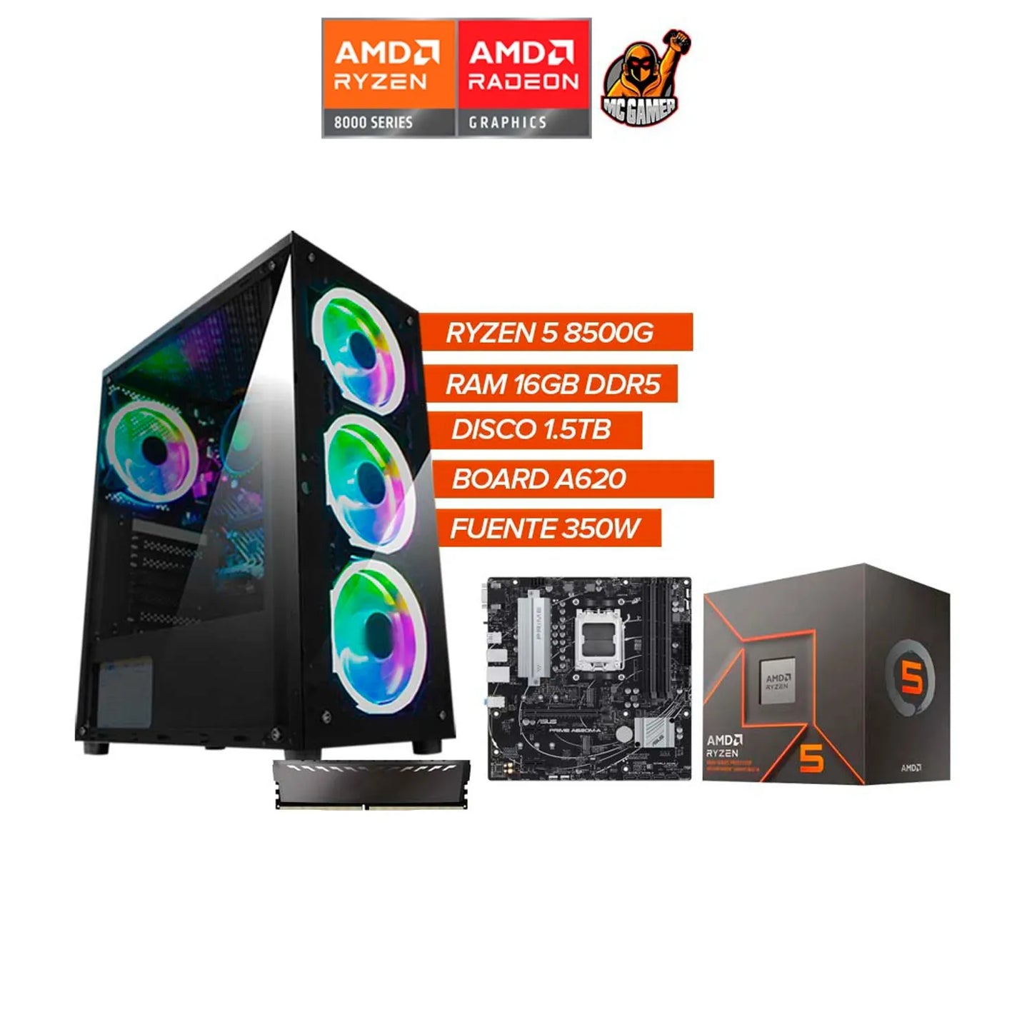 PC Gamer Ryzen 5 8500G+RAM 16GB DDR5+SSD 1.5TB+Board A620+Fuente 350W+RGB