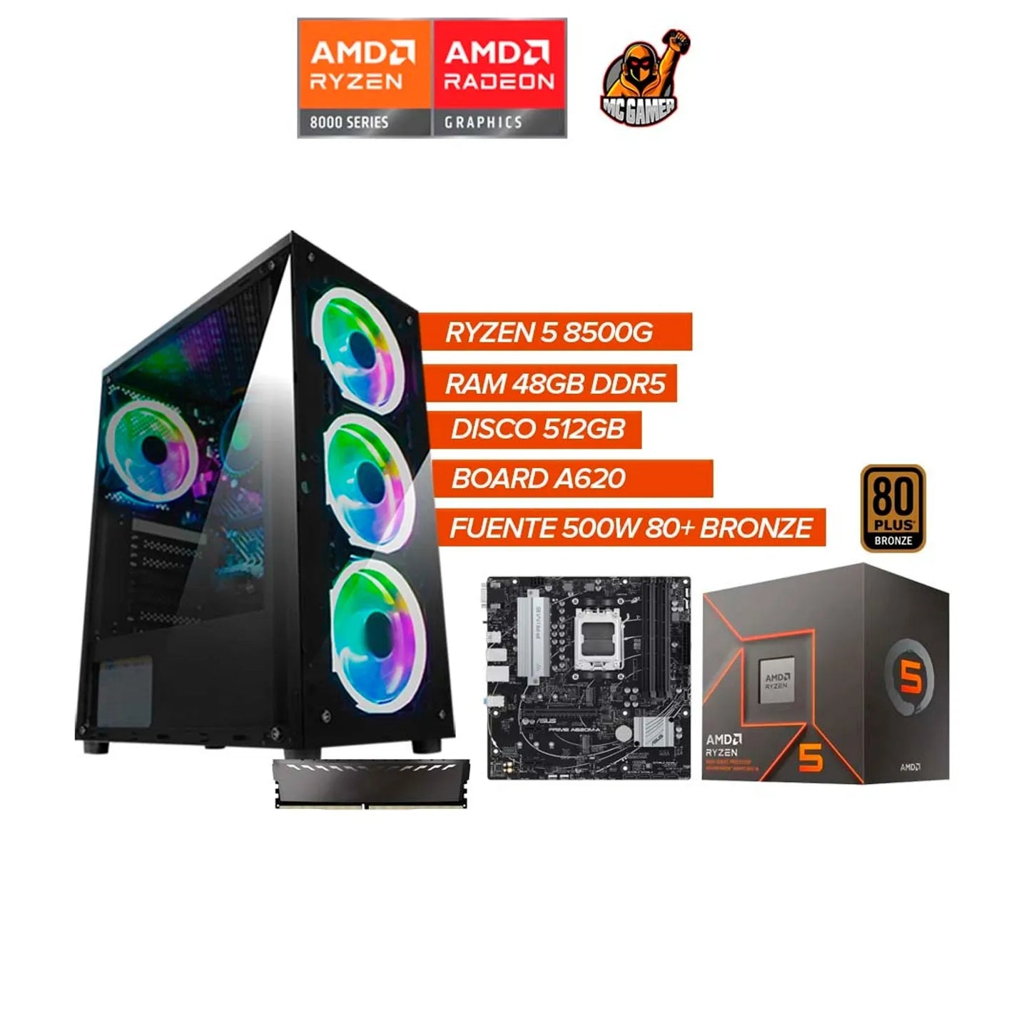 PC Gamer Ryzen 5 8500G+RAM 48GB DDR5+SSD 512GB+Board A620+Fuente 500W BRZ+RGB