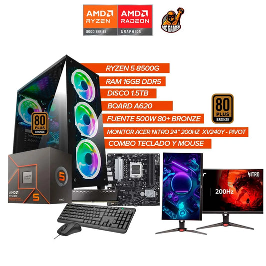 PC Gamer Ryzen 5 8500G+RAM 16GB DDR5+SSD 1.5TB+Monitor 24” 200Hz PIVOT+500W BRZ