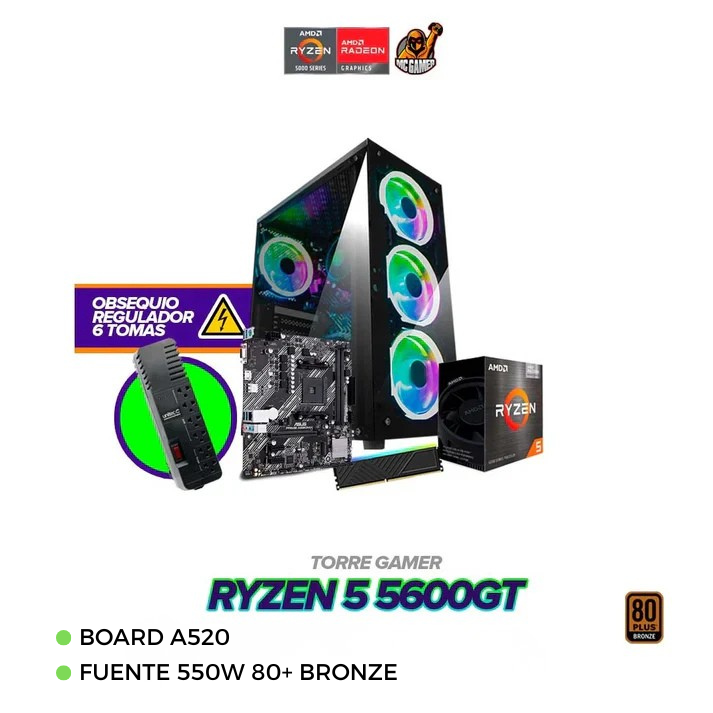 PC GAMER RYZEN 5 5600GT | A520 WIFI| Fuente 550W 80+ Bronze | Obsequio Regulador