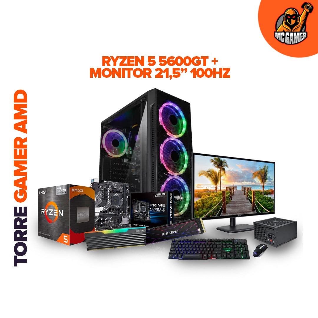 COMBO GAMER AMD R5 5600GT / BOARD ASUS A520M-K / MEMORIA RAM 16GB RGB HIKSEMI HSC416U32C4 / 1TB SSD LITE 4X4 7100 MB/S/ CHASIS POWER 4FANS / FUENTE 350W / MONITOR ACER LED 21.5" FULLHD 100HZ