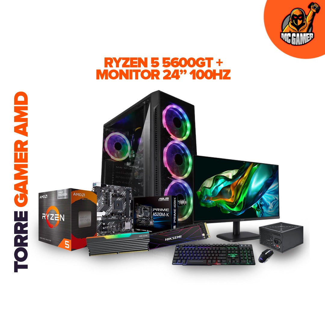 COMBO GAMER AMD R5 5600GT / BOARD ASUS A520M-K / MEMORIA RAM 16GB RGB HIKSEMI / 1TB SSD FUTURE LITE 4X4 7100 MB/S/ CHASIS POWER 4FANS / FUENTE 350W / MONITOR ACER 24" / 1MMS -100HZ / IPS