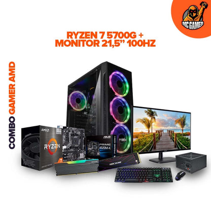 COMBO TORRE GAMER AMD R7 5700G / BOARD ASUS PRIME A520M-K / MEMORIA RAM 16GB RGB / 1TB SSD FUTURE 4X4 7100 MB/S/ CHASIS POWER 4FANS / FUENTE STANDARD 350W / MONITOR 22” ACER / COMBO TECLADO Y MOUSE