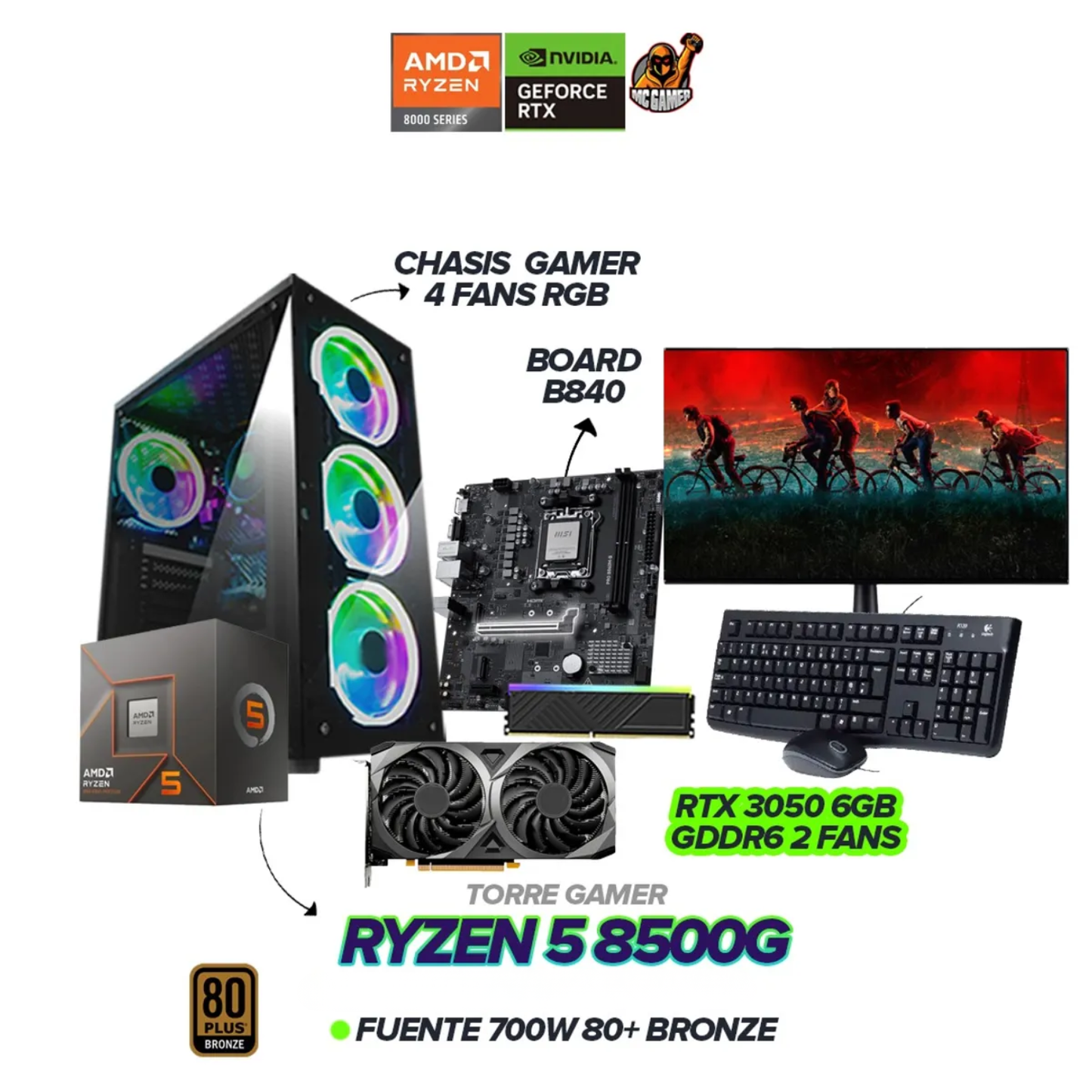 PC GAMER RYZEN 5 8500G / RTX 3050 6GB / BOARD B840 / 700W / MONITOR 22" FHD