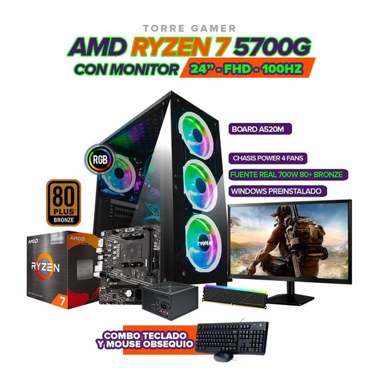 PC GAMER RYZEN 7 5700G | MONITOR 24” FHD 100Hz | Windows Preinstalado