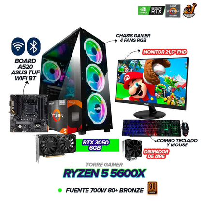 PC GAMER RYZEN 5 5600X / RTX 3050 6GB / A520M-PLUS WIFI / MONITOR ASUS 22"